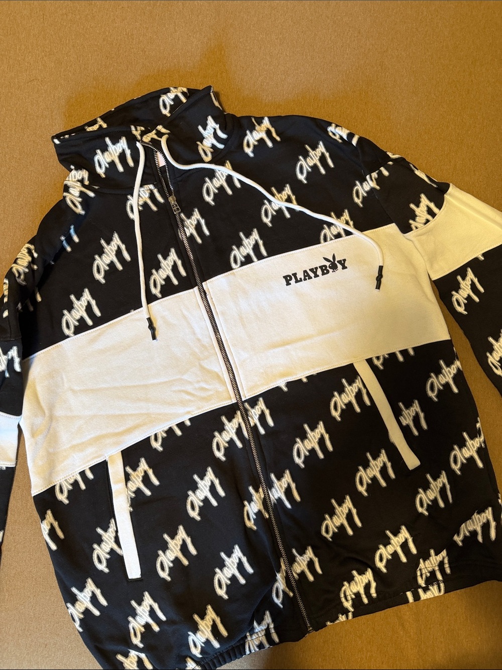 Missguided Black and White Playboy Script Zip-Up Jacket